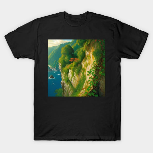 Lush Cliff - Cliffside View of the Sea of Swords T-Shirt by CursedContent